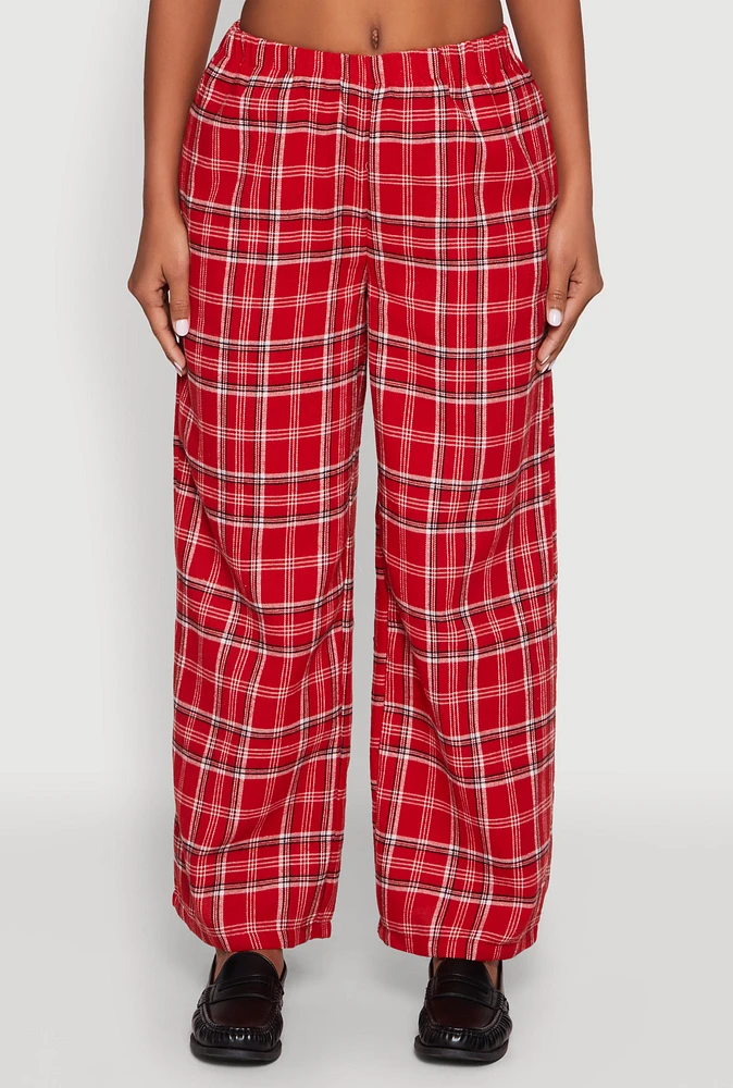 Womens Plaid Brushed Knit Wide Leg Dress Pants, Red,