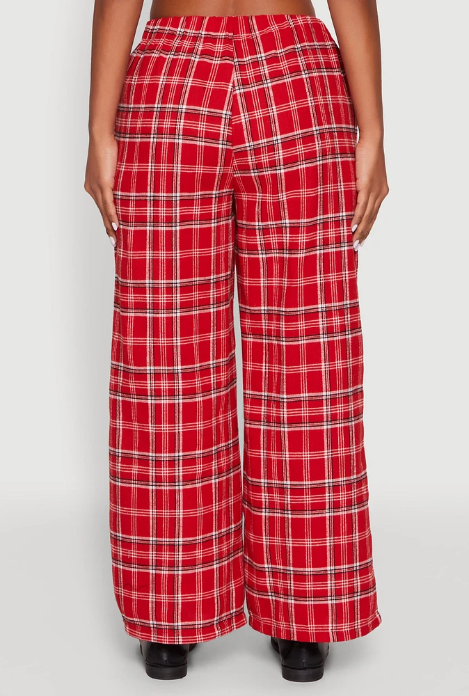Womens Plaid Brushed Knit Wide Leg Dress Pants, Red,