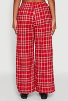 Womens Plaid Brushed Knit Wide Leg Dress Pants, Red,