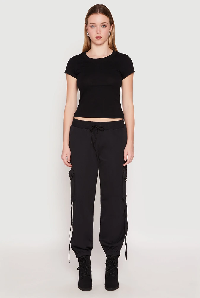 Womens Drawstring High Waisted Cargo Joggers, Black,