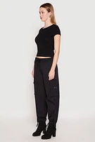 Womens Drawstring High Waisted Cargo Joggers, Black,