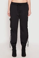 Womens Drawstring High Waisted Cargo Joggers, Black,