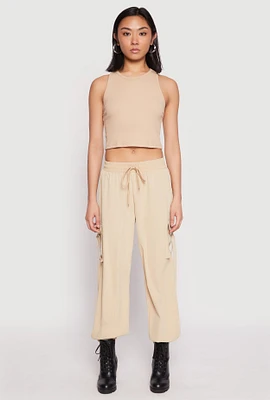 Womens Drawstring High Waisted Cargo Joggers, Khaki, Size L