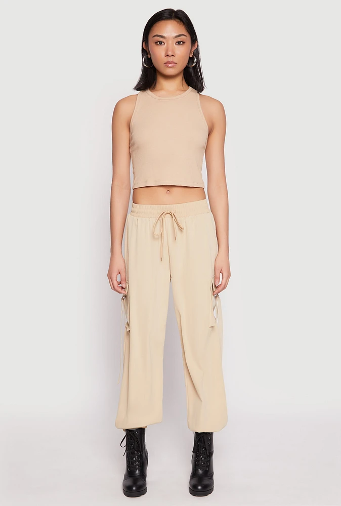 Womens Drawstring High Waisted Cargo Joggers, Khaki, Size M