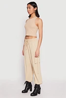 Womens Drawstring High Waisted Cargo Joggers, Khaki, Size M