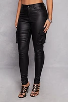 Womens Faux Leather Skinny Leg Cargo Pants, Black, Size S