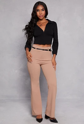 Womens Belted High Waist Dress Pants,