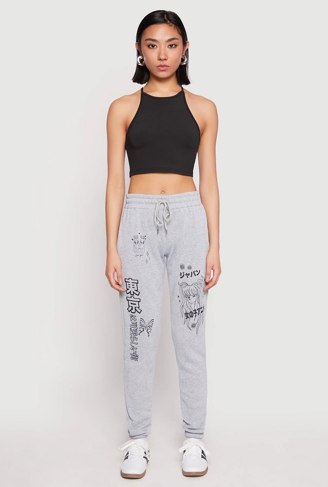 Womens Anime Graphic Print Sweatpants, Grey, Size M