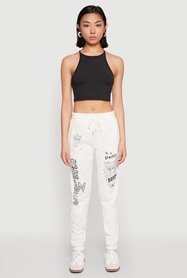 Womens Anime Graphic Print Sweatpants, White, Size XL