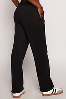 Womens Fleece Pintuck Wide Leg Sweatpants, Black, Size L