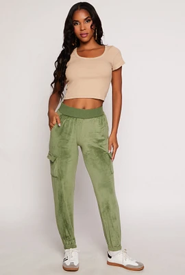 Womens Velour Cargo Pocket Sweatpants, Green, Size M