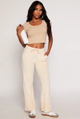 Womens Velour Wide Leg Sweatpants, Khaki, Size L