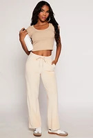Womens Velour Wide Leg Sweatpants, Khaki, Size L