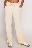 Womens Velour Wide Leg Sweatpants, Khaki, Size L