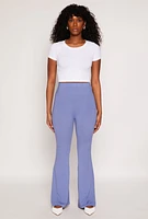 Womens Soft Knit High Waisted Flare Pants, Blue, Size L