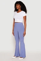 Womens Soft Knit High Waisted Flare Pants, Blue, Size L