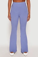 Womens Soft Knit High Waisted Flare Pants, Blue, Size L