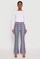 Womens Border Print High Waist Flared Pants, L