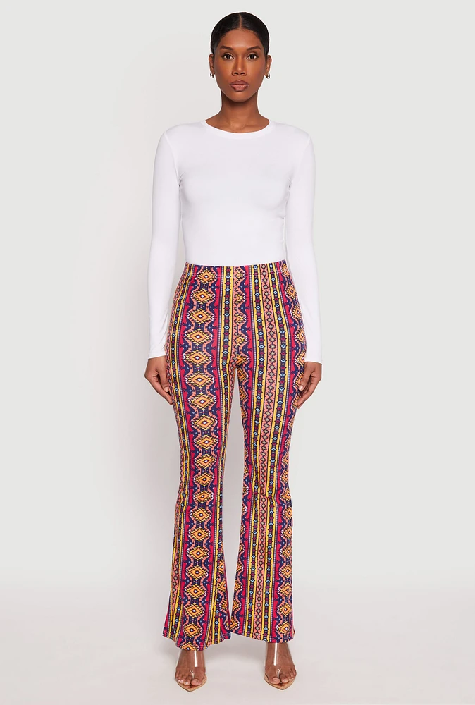 Womens Border Print High Waist Flared Pants, Multi, Size M