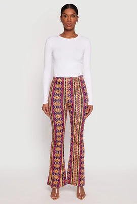 Womens Border Print High Waist Flared Pants, Multi, Size M