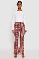 Womens Border Print High Waist Flared Pants, Multi, Size M