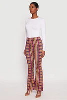 Womens Border Print High Waist Flared Pants, Multi,