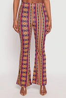 Womens Border Print High Waist Flared Pants, Multi,