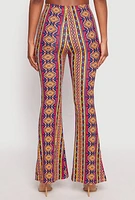 Womens Border Print High Waist Flared Pants, Multi, Size M