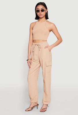 Womens Toggle Drawstring Hem Linen Cargo Pants, Khaki, Size L