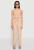 Womens Toggle Drawstring Hem Linen Cargo Pants, Khaki, Size L