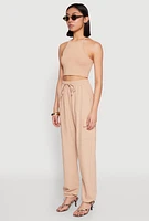 Womens Toggle Drawstring Hem Linen Cargo Pants, Khaki, Size L