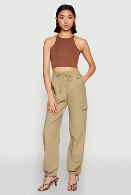 Womens Toggle Drawstring Hem Linen Cargo Pants,