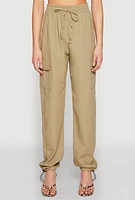 Womens Toggle Drawstring Hem Linen Cargo Pants,