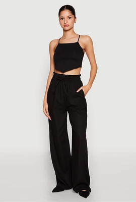 Womens Drawstring Linen Wide Leg Pants, Black, Size L