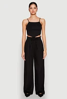 Womens Drawstring Linen Wide Leg Pants, Black, Size L