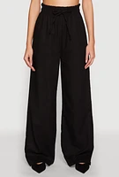 Womens Drawstring Linen Wide Leg Pants, Black, Size L