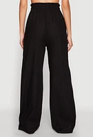 Womens Drawstring Linen Wide Leg Pants, Black, Size L