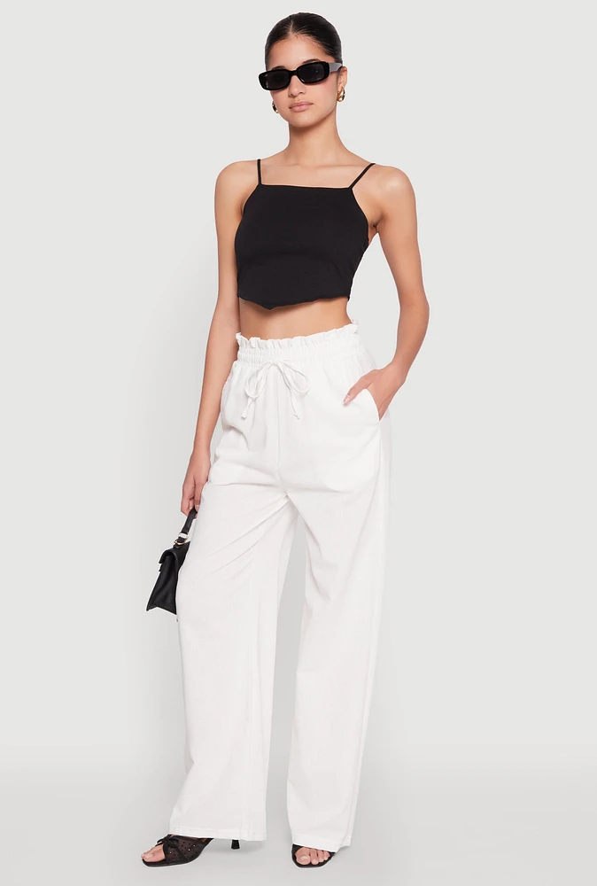 Womens Drawstring Linen Wide Leg Pants, White, Size L