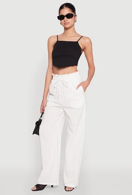 Womens Drawstring Linen Wide Leg Pants, White, Size L