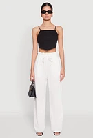 Womens Drawstring Linen Wide Leg Pants, White, Size M