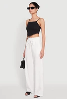 Womens Drawstring Linen Wide Leg Pants, White, Size L