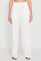 Womens Drawstring Linen Wide Leg Pants, White, Size M
