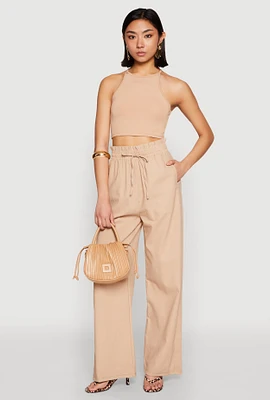 Womens Drawstring Linen Wide Leg Pants, Khaki,