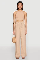 Womens Drawstring Linen Wide Leg Pants, Khaki,