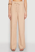 Womens Drawstring Linen Wide Leg Pants, Khaki,