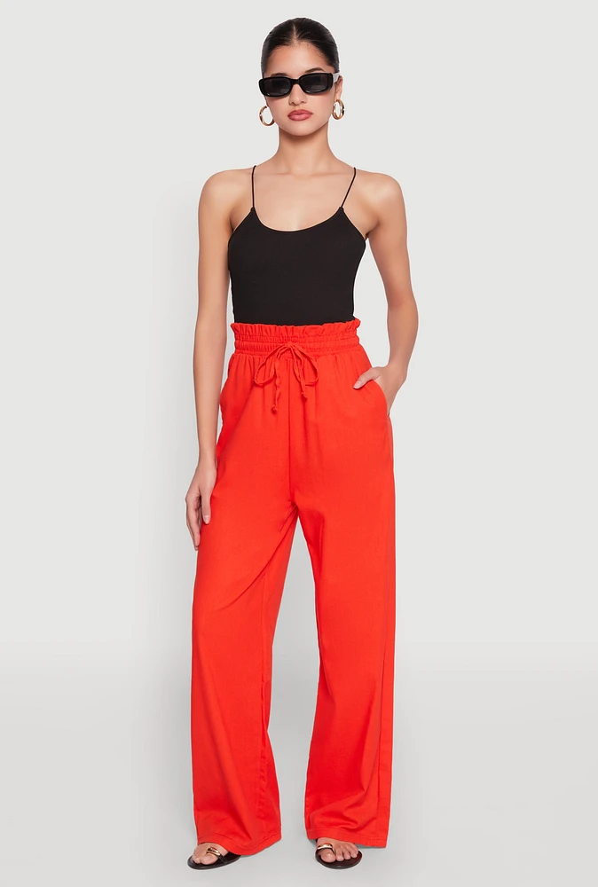 Womens Drawstring Linen Wide Leg Pants, Orange, Size L