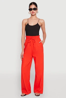 Womens Drawstring Linen Wide Leg Pants, Orange, Size L