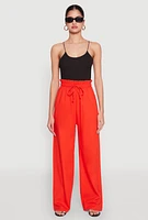 Womens Drawstring Linen Wide Leg Pants, Orange, Size L