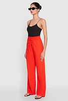 Womens Drawstring Linen Wide Leg Pants, Orange, Size L