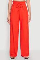 Womens Drawstring Linen Wide Leg Pants, Orange, Size L